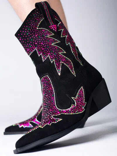 Platform Studded Crystals Fringe Pointed Toe Chunky Heel Ankle Boots