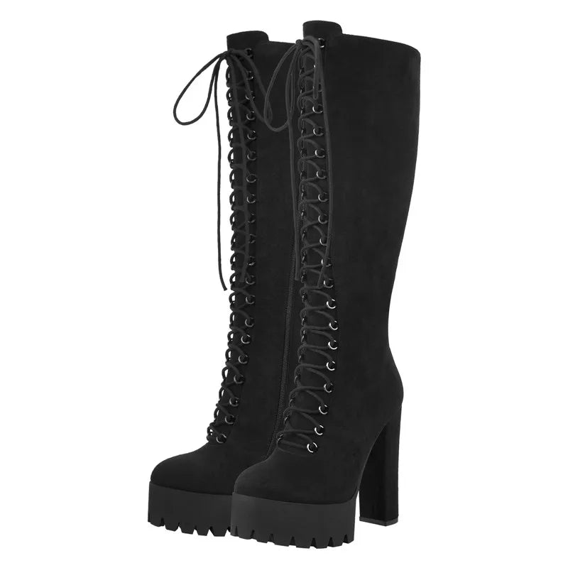 Platform Flock Chunky Heel Side Zip Over The Knee Boots