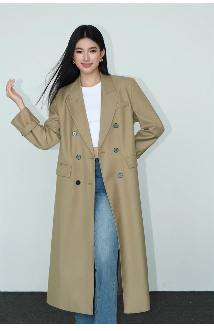 Notched Collar Loose Long Sleeves Double Breasted Tide Trench Coat