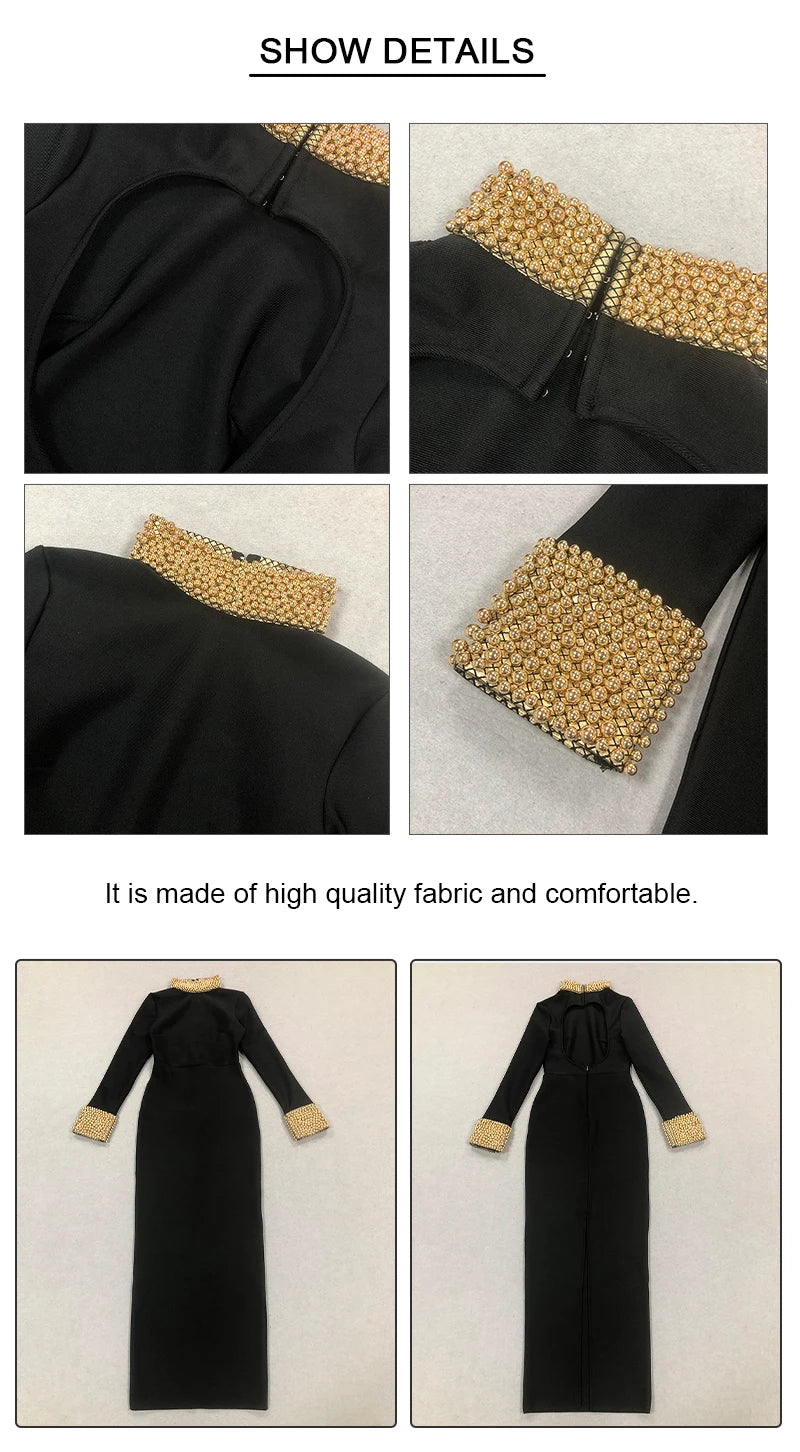 Beading Turtleneck Long Sleeve Golden Beading Bandage Maxi Dress