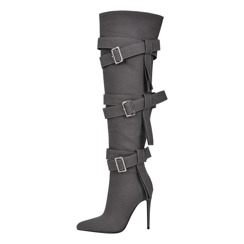 Pointed Toe Canvas Buckle Strap Thin High Heel Zipper Knee High Boots