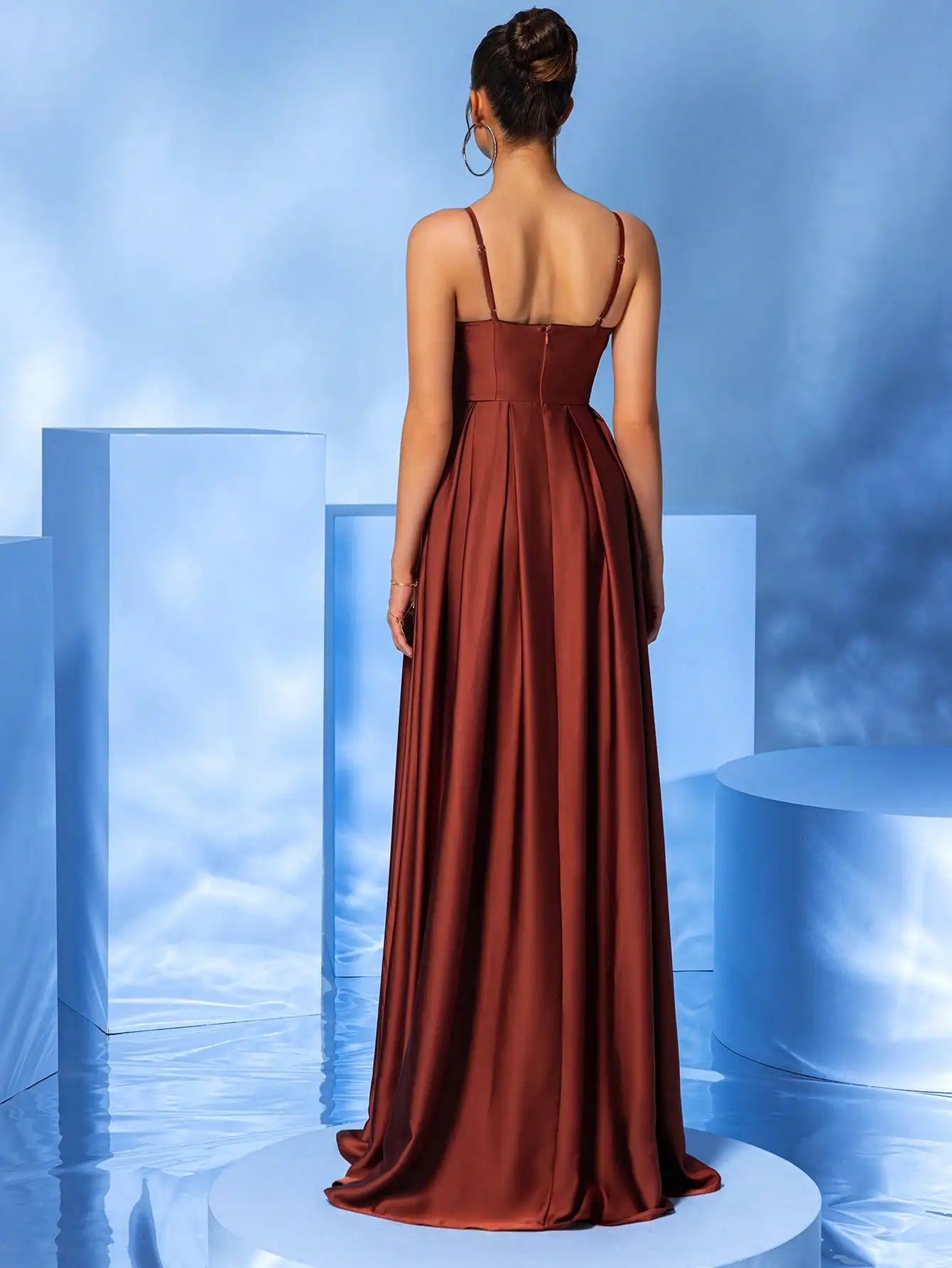 Spaghetti Strap Ruched Sleeveless Formal Ball Gown Evening Maxi Dress