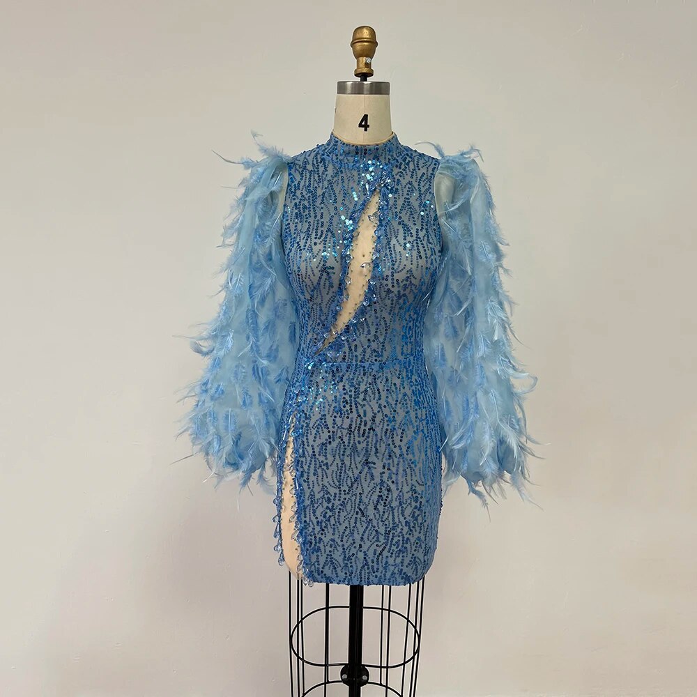 Feather Sequins Water Diamond Beaded Mini Dress