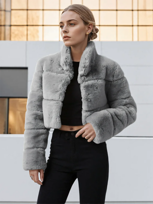 Stand Collar Covered Long Sleeve Thick Warm Faux Fur Mini Coat