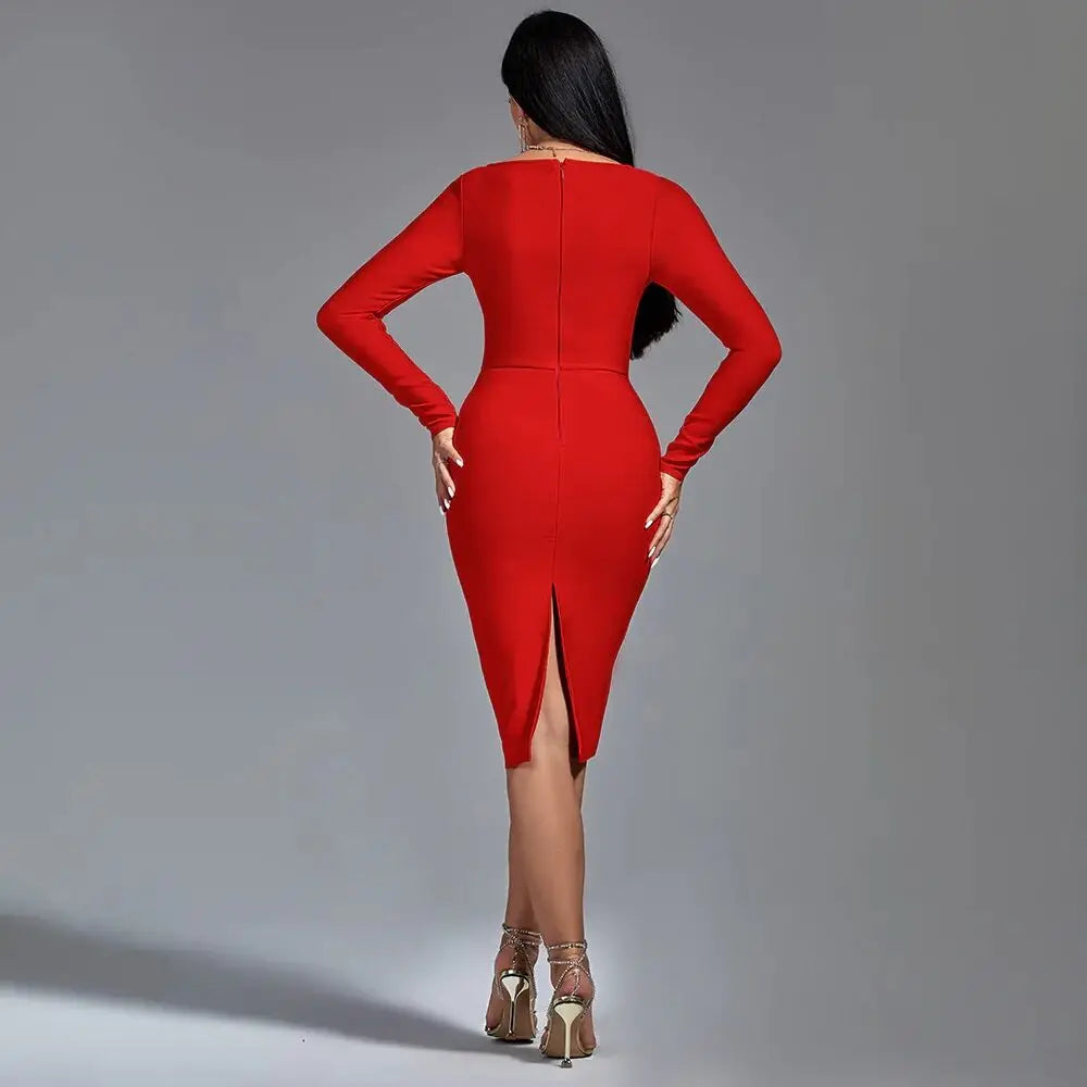 Square Neck Long Sleeve Bow Decor Split Mid Bandage Dress