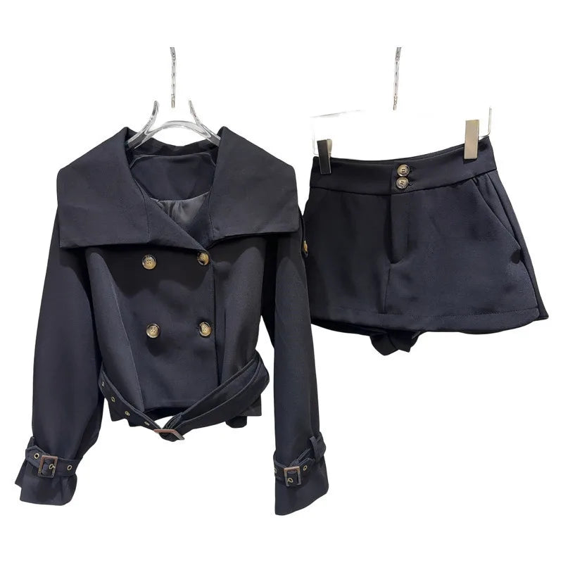 Double Breast Lapel Belted Jacket High Waist Wrap Hip Short Skirt Set