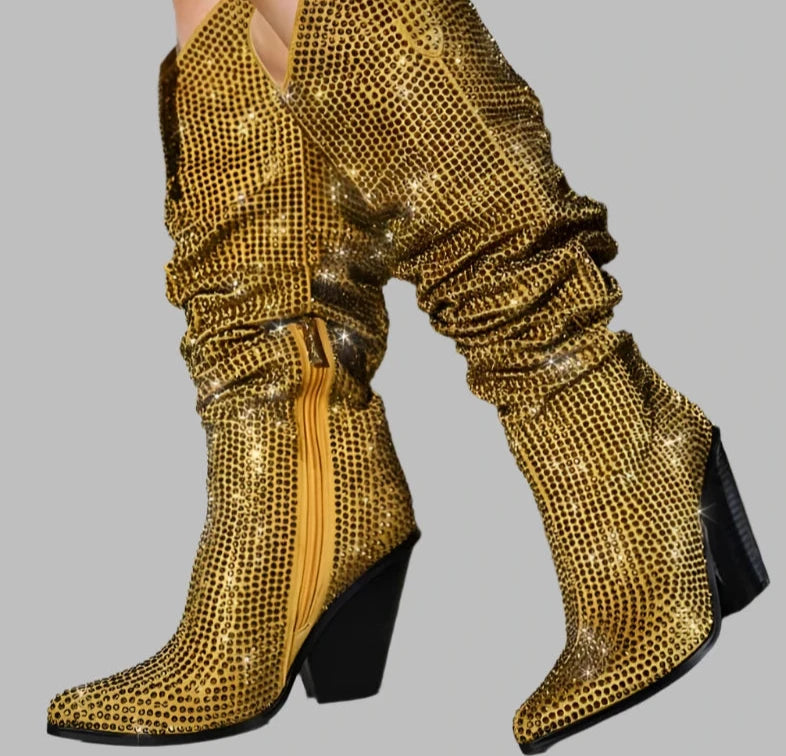 Crystal Diamond Bling Pleated Square High Heel Knee High Boots