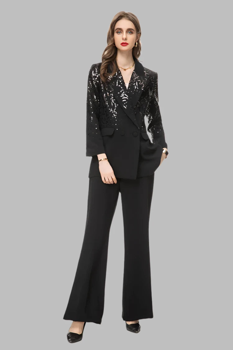 Lapel Collar Sequins Patchwork Blazer Mid Waist Straight Trousers Set