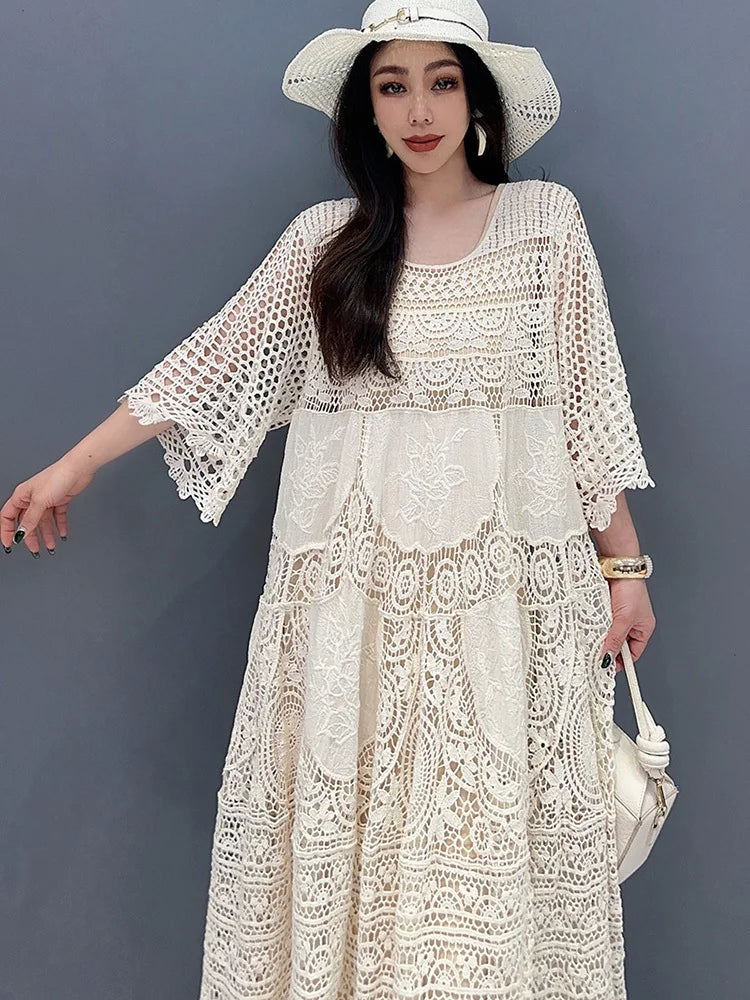 O-Neck Sleeves Large Hem Hollow Out Loose Lace Mid Dress