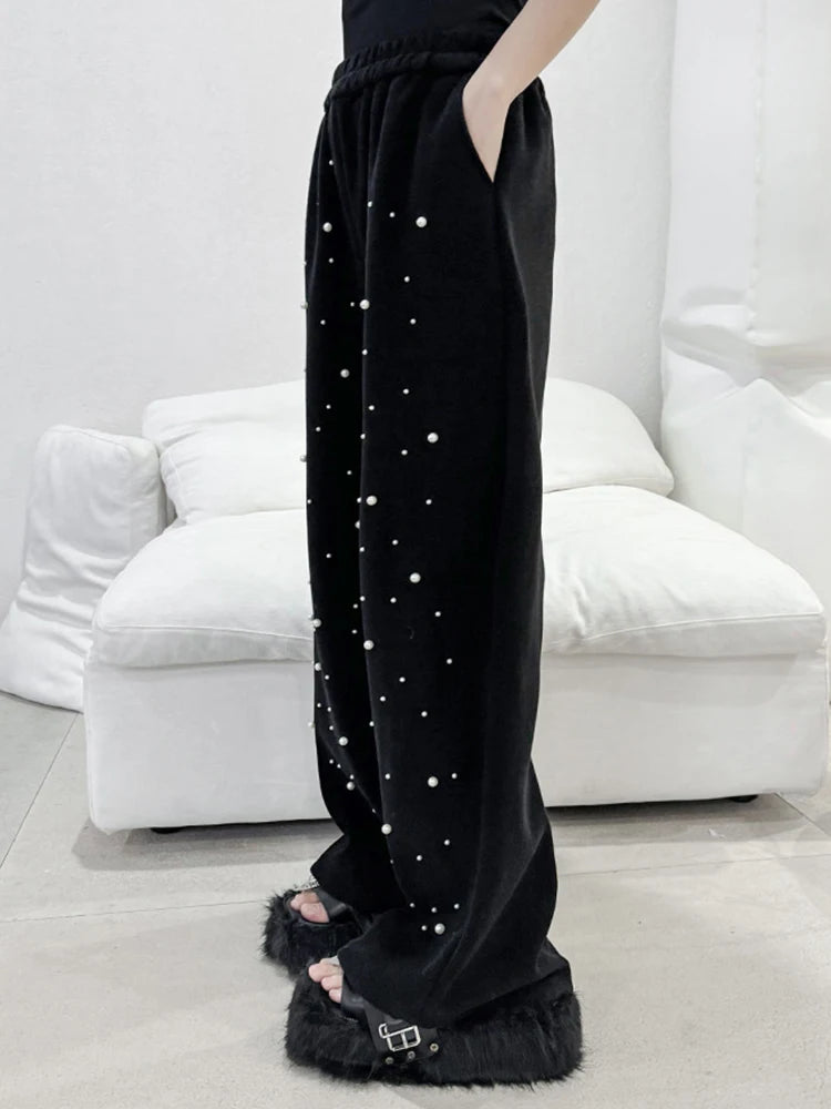 Beading Decor O Neck Long Sleeve Sweatshirt Wide Leg Jogging Set