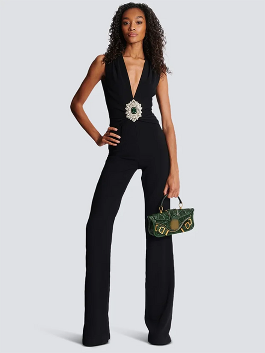 V Neck Sleeveless Diamond High Waist Slim Jumpsuits