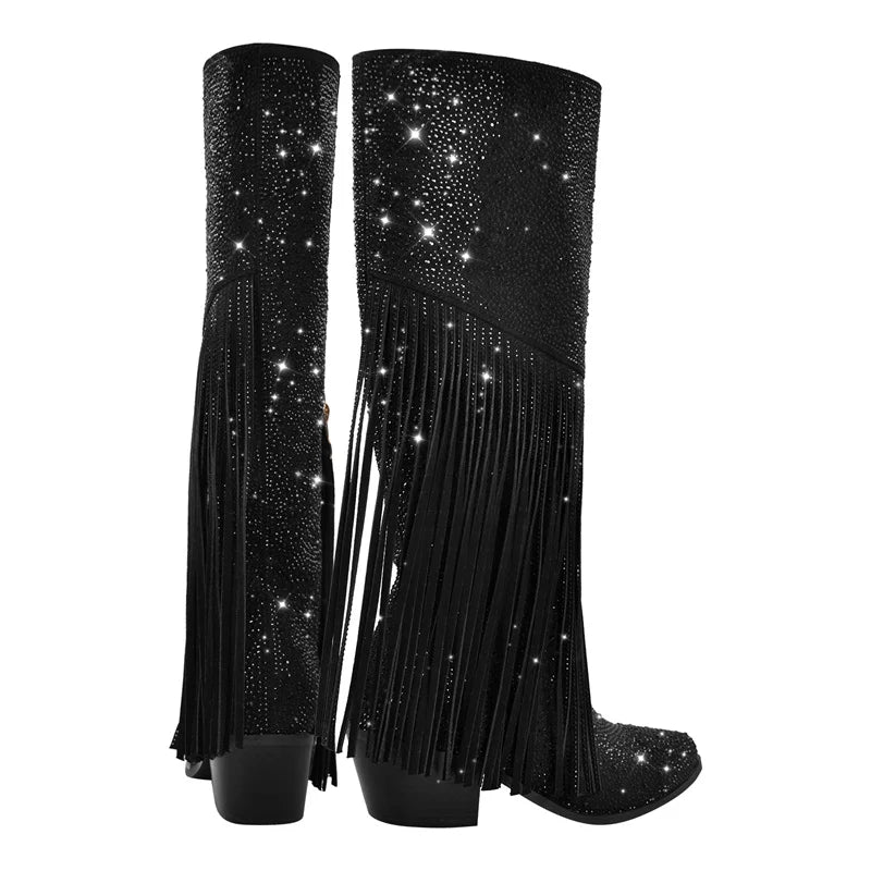 Fringe Wide Calf  Pointed Toe Block Heel Slip On Knee High Boots