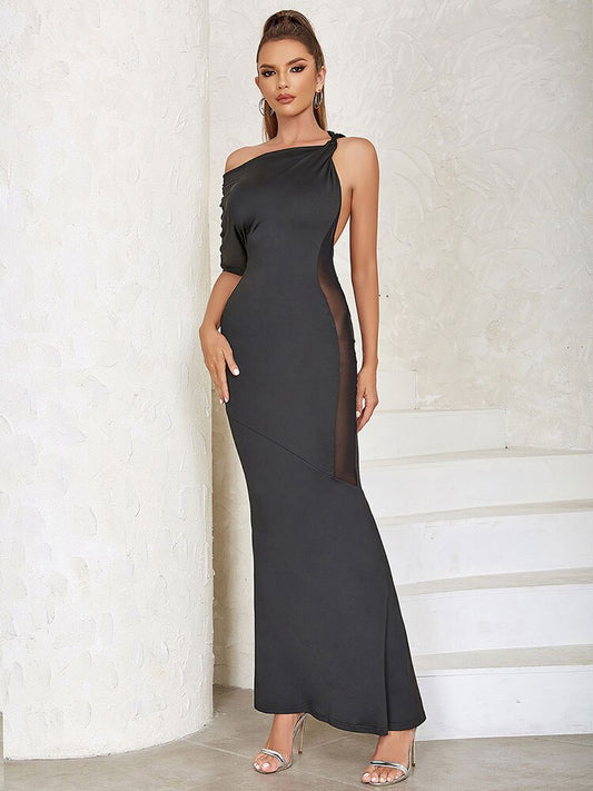 One Shoulder Sleeves Patched Backless Maxi Dress