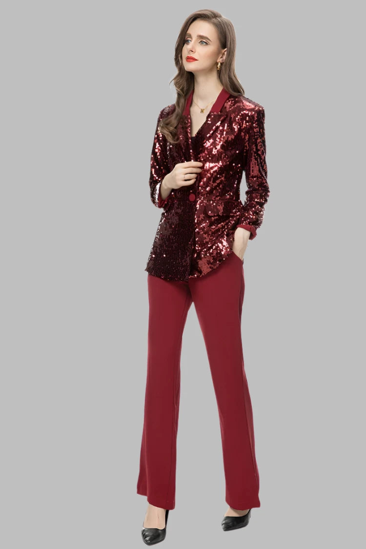 Vintage Lapel Caller Sequins Pockets Blazer Flare Trousers Set