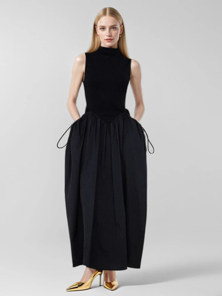 Half Stand Collar Sleeveless Waist Retraction Drawstring Maxi Dress