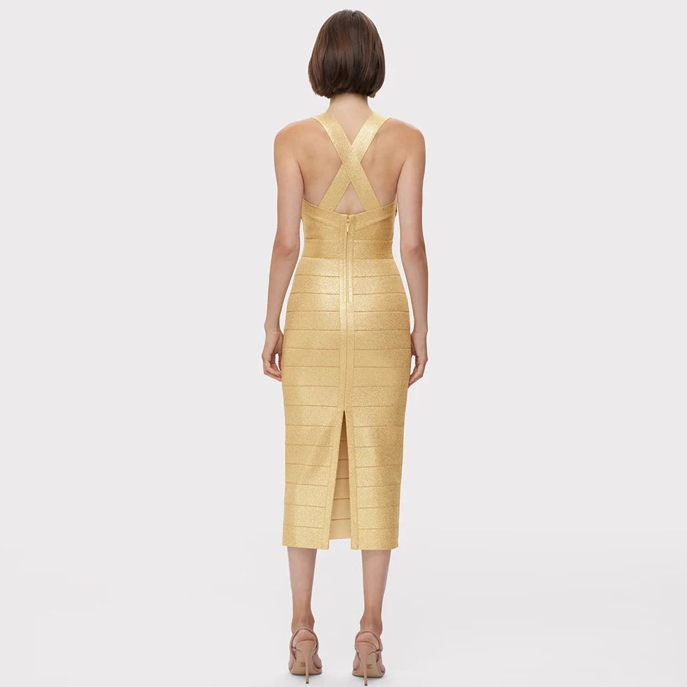 Square Neck Stamped Sleeveless Tassel Tight Mid Bandage Dress