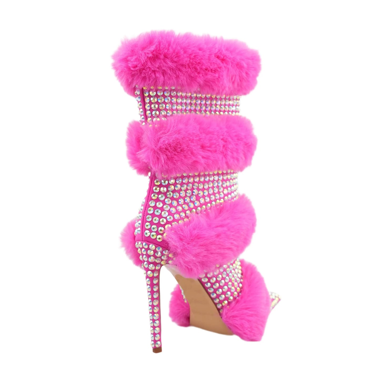 Shining Rainstone Fur Zip Up Pointed Toe Thin High Heels Boots