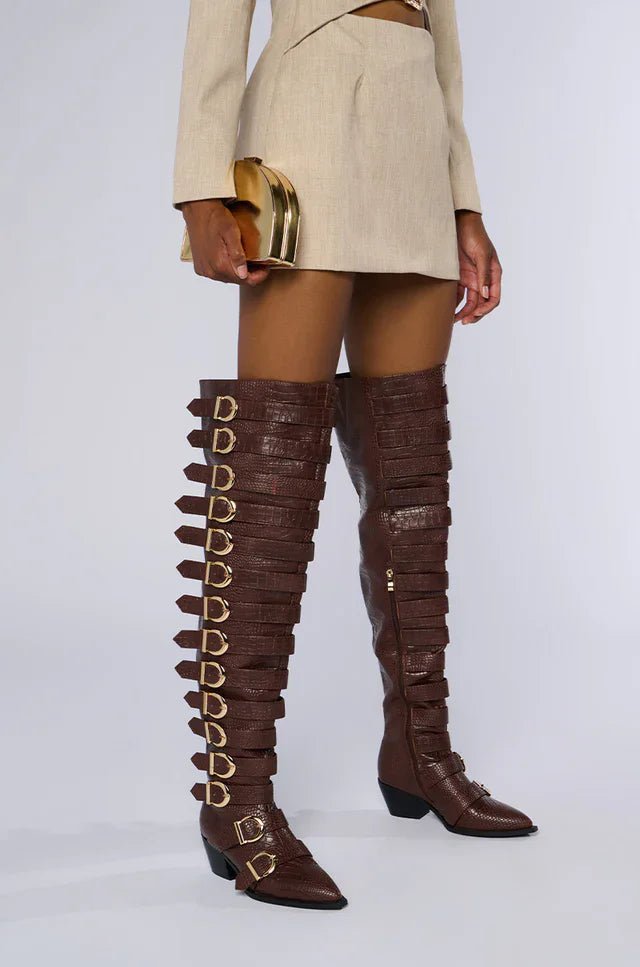 Pointed Toe PU Leather Thick Heels Zip Belt Over The Knee Boots