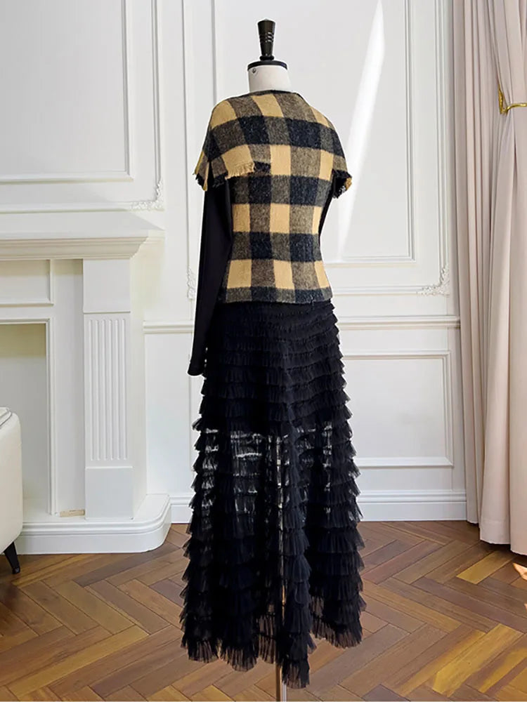 V Neck Pullover Plaid Woollen High Collar Bottom Tops Mesh Tassel Mid Skirt Sets