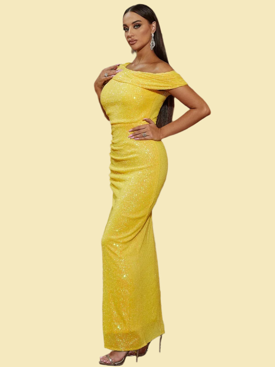 Off Shoulder Slit Shiny Sequin Sleeveless Prom Maxi Dress