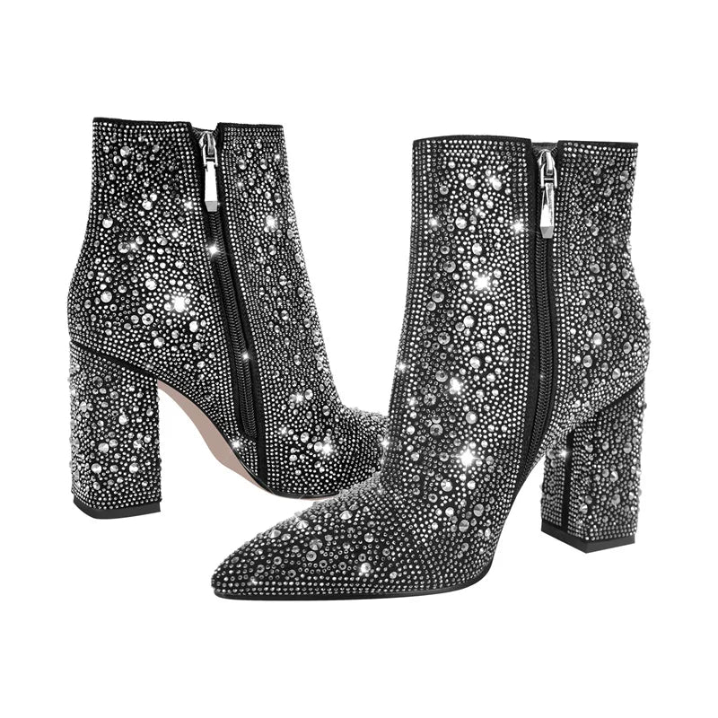 Pointed Toe Silver Rhinestone Glitter Bling Shiny Ankle Boots