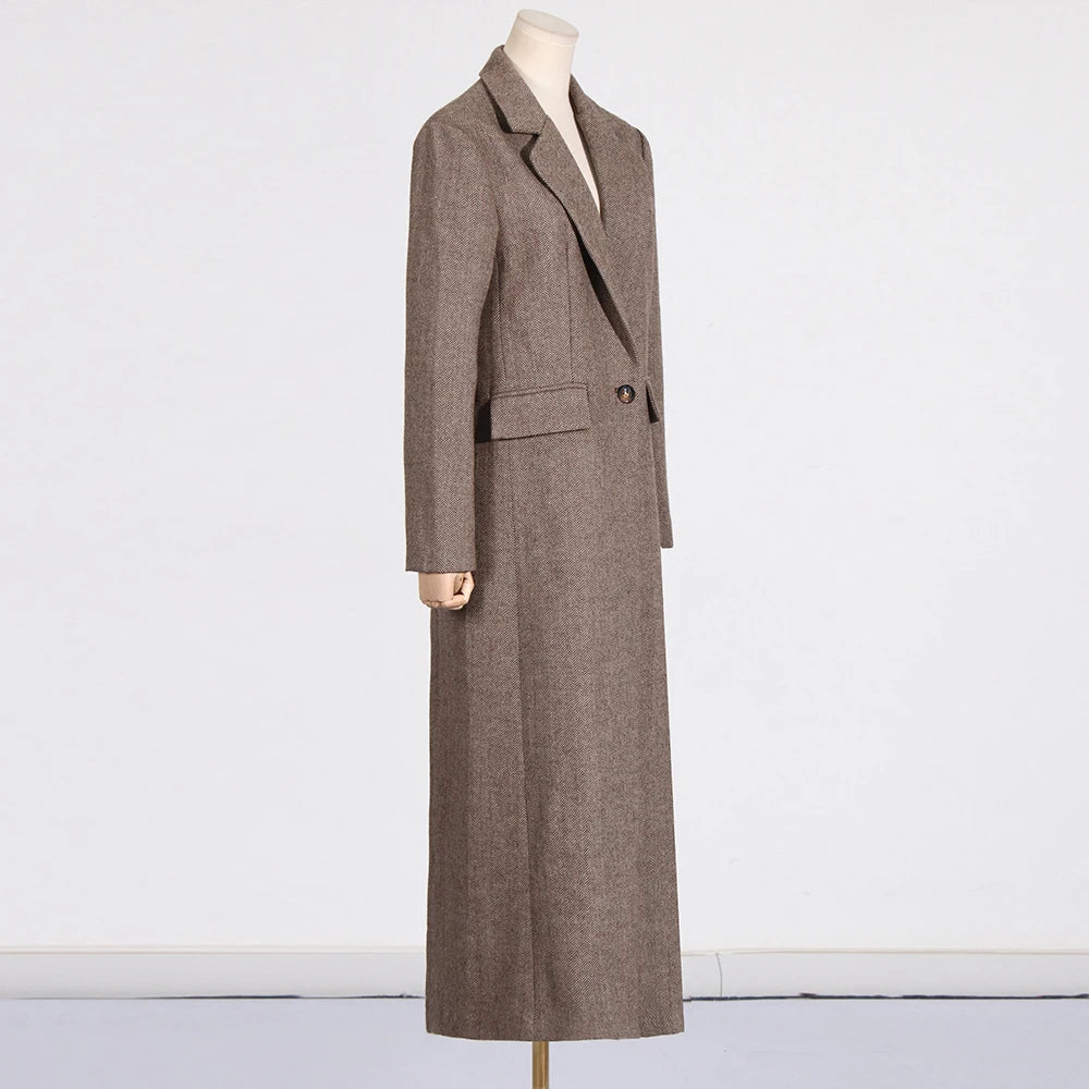 Patchwork Pockets Loose Long Sleeve Spliced Button Maxi Coat