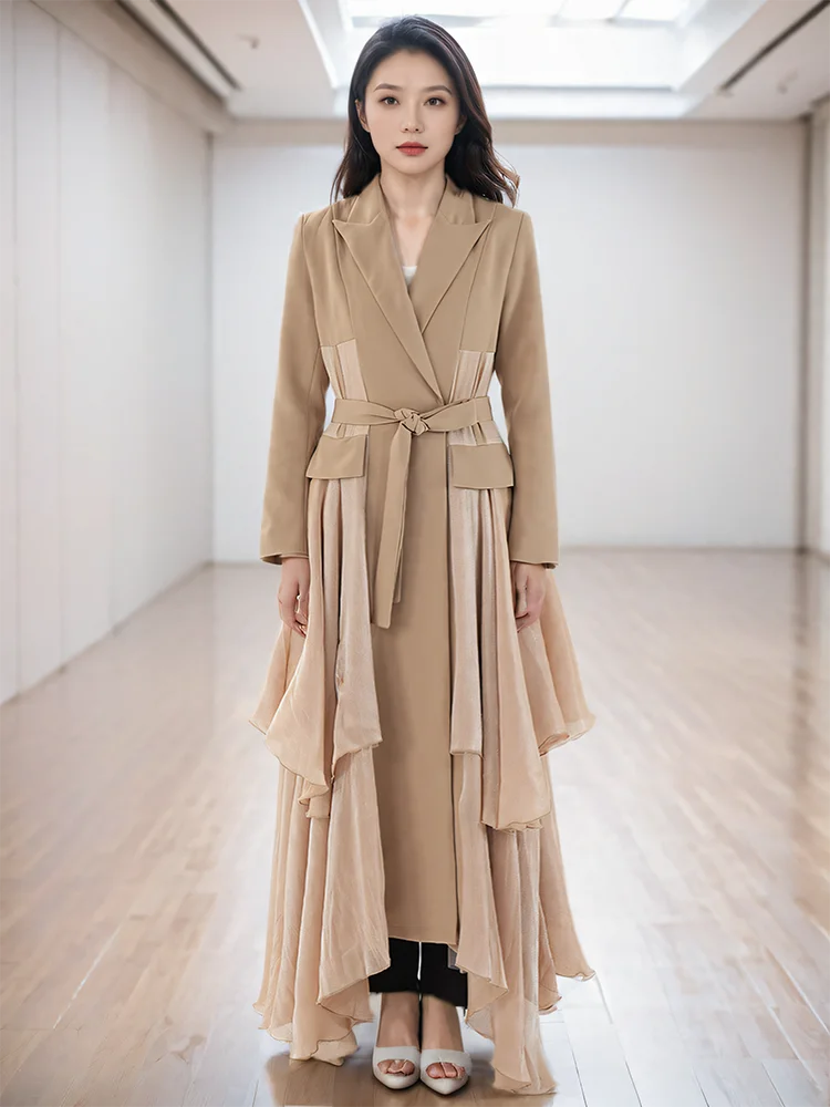 Lapel Loose Sashes Mesh Patchwork Irregular Hem Trench Coat