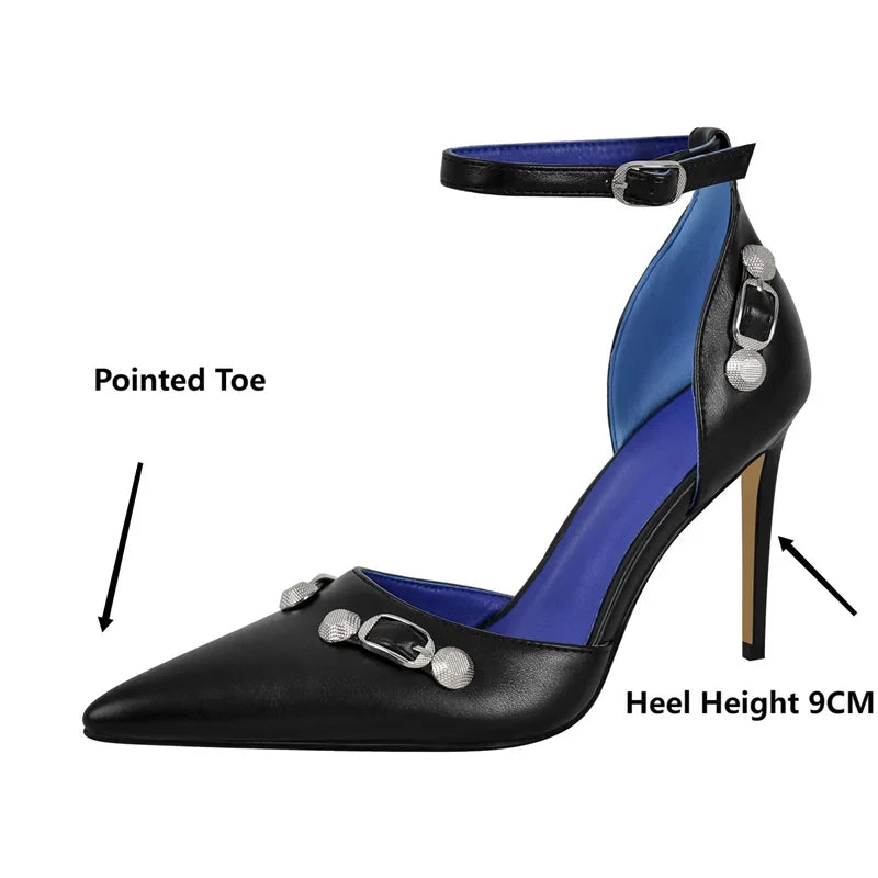 Pointed Toe Ankle Strap Buckle Pumps Thin High Heel Shoes