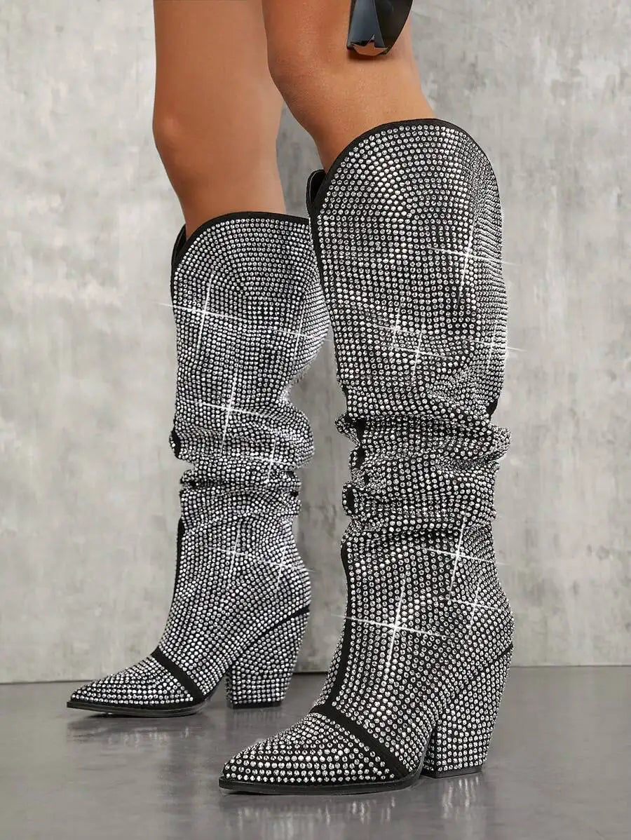 Shiny Crystal Pointed Toe High Heels Pumps High Knee Boots