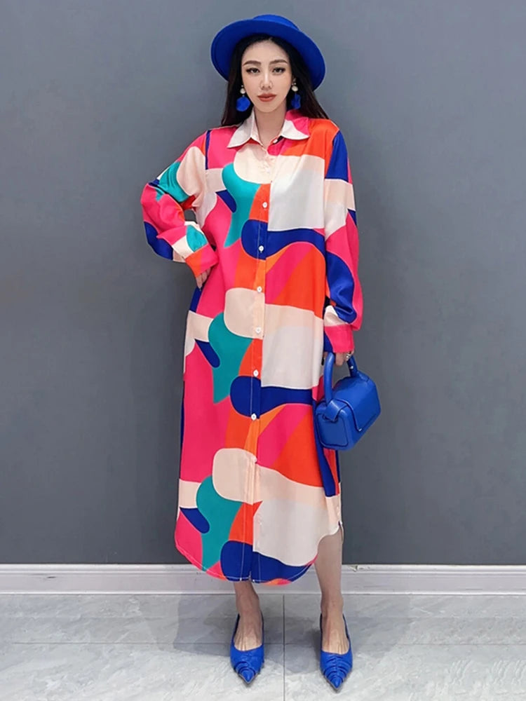 Contrast Colour Print Loose Versatile Mid Casual Shirt Dress