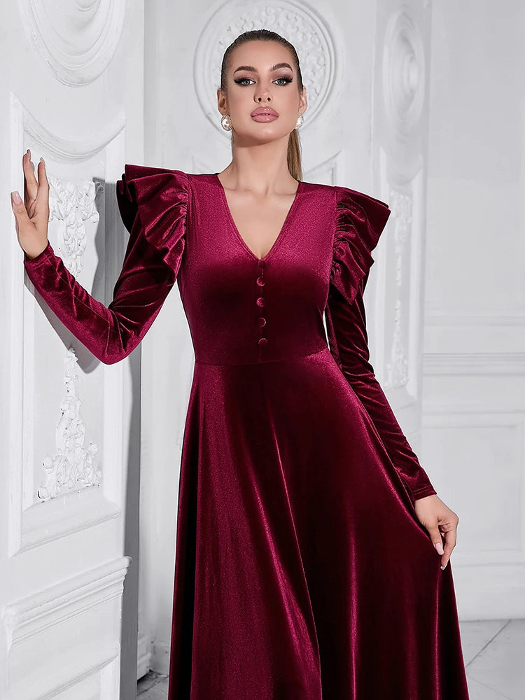 V Neck Ruffles Long Sleeve Velvet Button Slim A line Maxi Dress