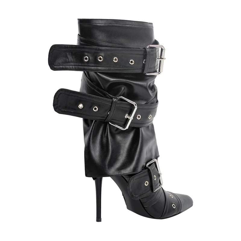 Zipper Thigh High Pointed Toe Buckle Strap Thin High Heel Boots