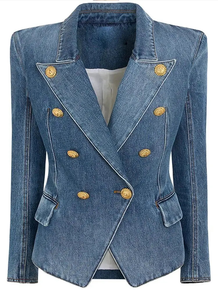 Double Breasted Lion Buttons Denim Blazer Back Zipped Mini Skirt Set