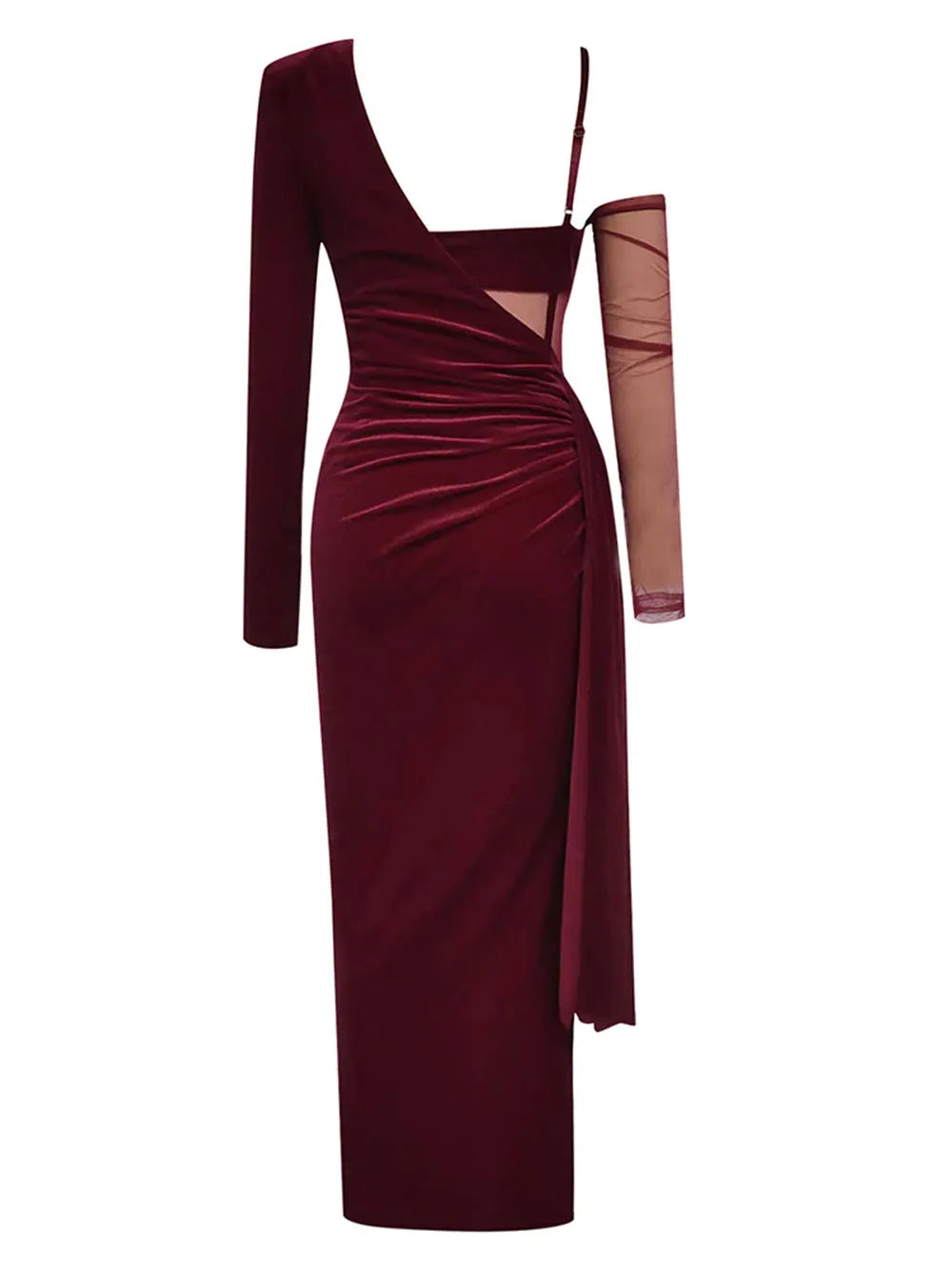 Diagonal Neck Long Sleeve Panel Draped Split Velvet Mid Dress