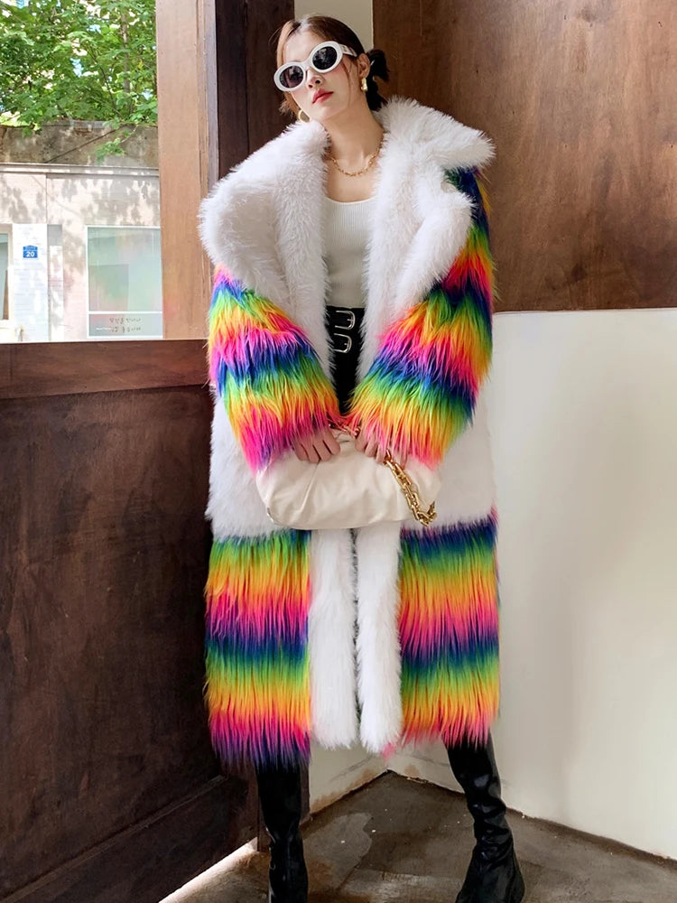 Lapel Rainbow Coloured Long Sleeves Loose Fit Faux Fur Coat