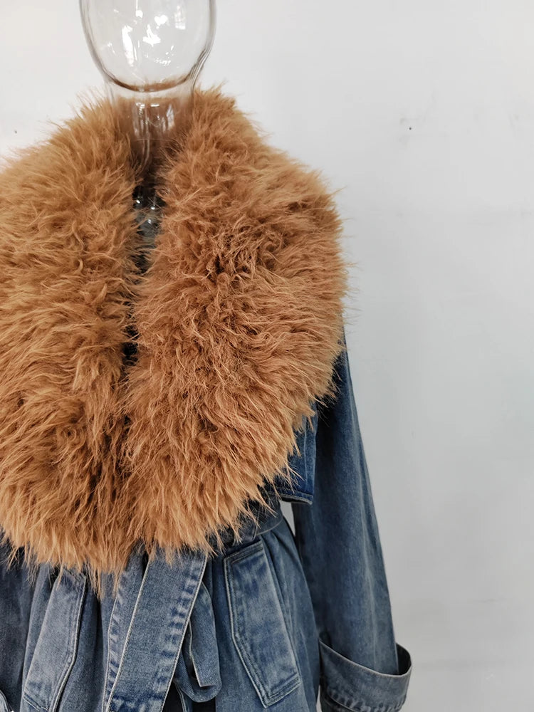 Fur Collar Belt Patchwork Pockets Loose Split Thick Warm Denim Overcoat