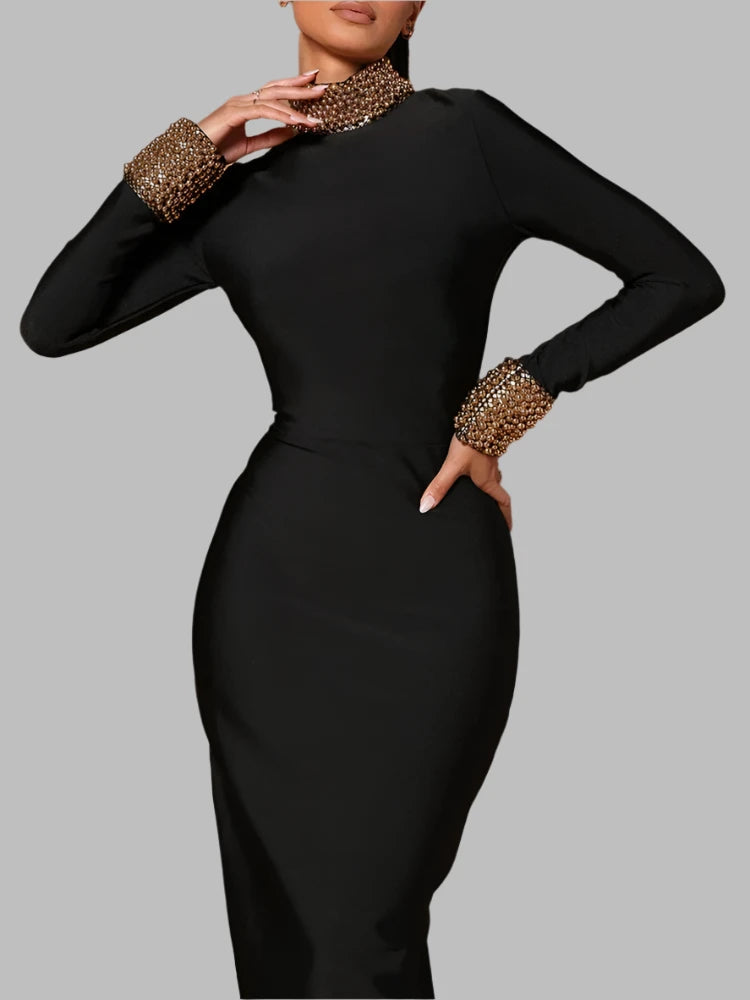 Beading Turtleneck Long Sleeve Golden Beading Bandage Maxi Dress