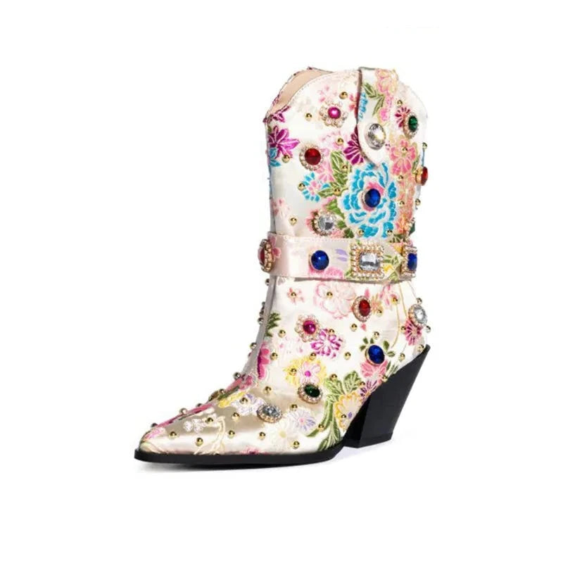 Flower Embroider Diamond Pointed Toe High Heel Ankle Boots