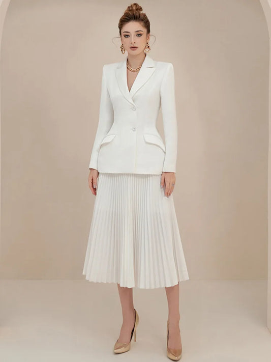 Long Sleeve Lapel Collar Button Blazer Pleated Mid Skirt Set