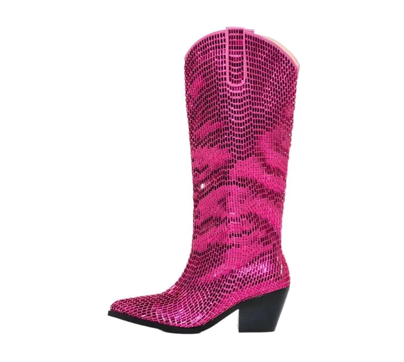 Rhinestone Chunky Heels Slip On Knee-High Boots