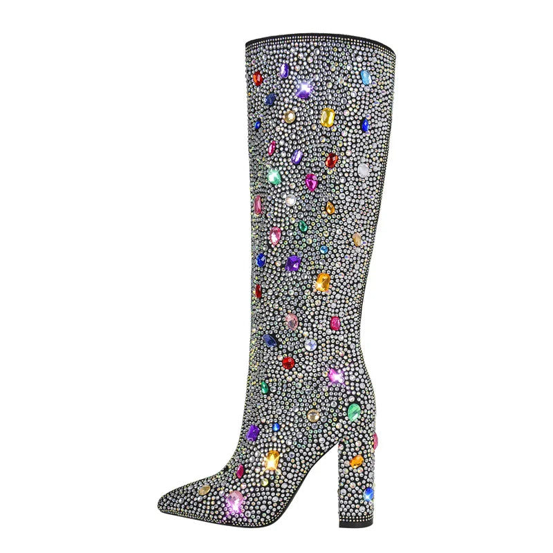 Pointed Toe Rhinestone Block Heel Knee High Boots