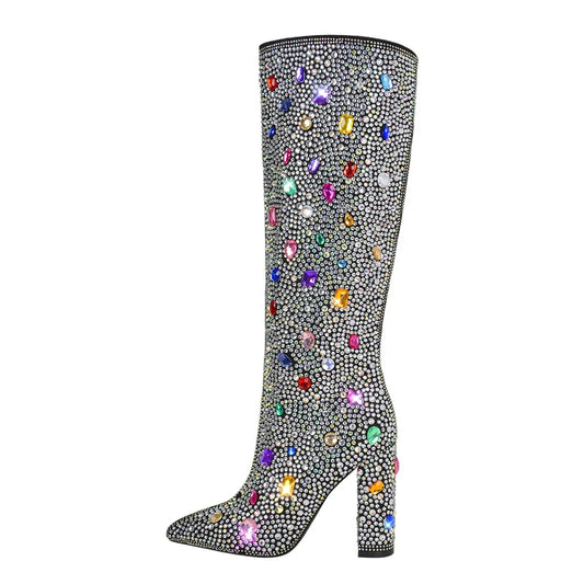 Pointed Toe Rhinestone Block Heel Knee High Boots