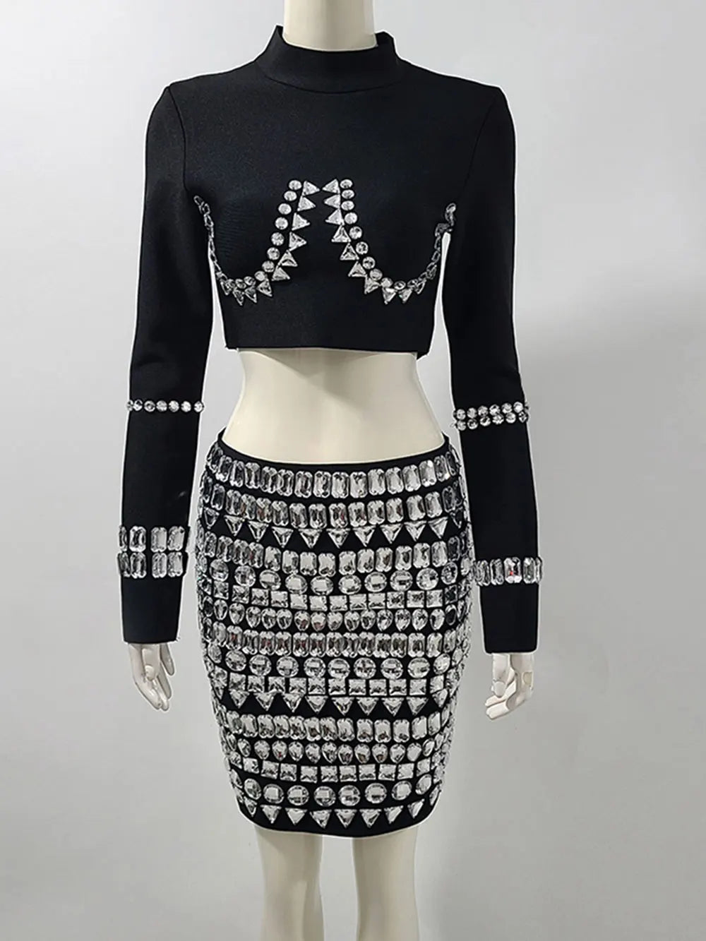 Bead Diamond Patchwork Bandage O-neck Long Sleeve Short Top Mini Skirt Set