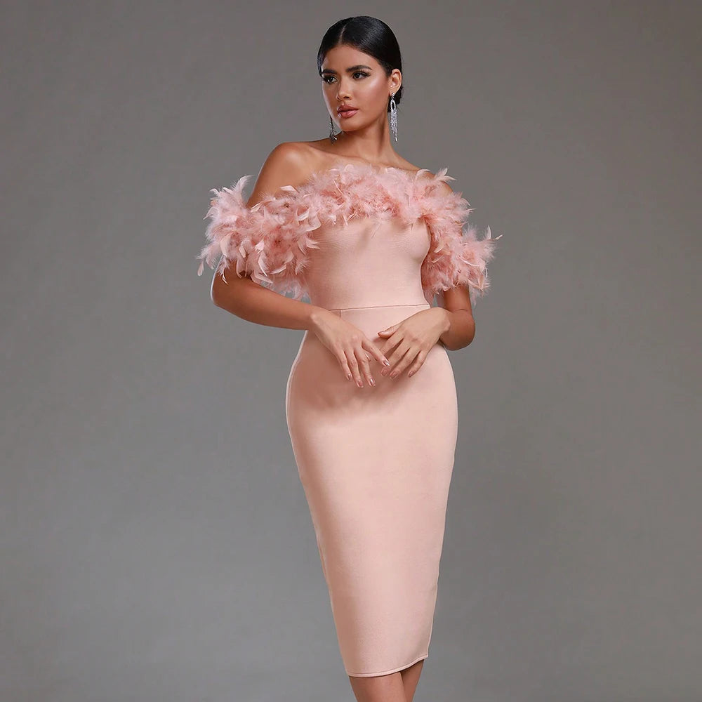 Strapless Feather Shoulder Tight Mid Bandage Mid Dress