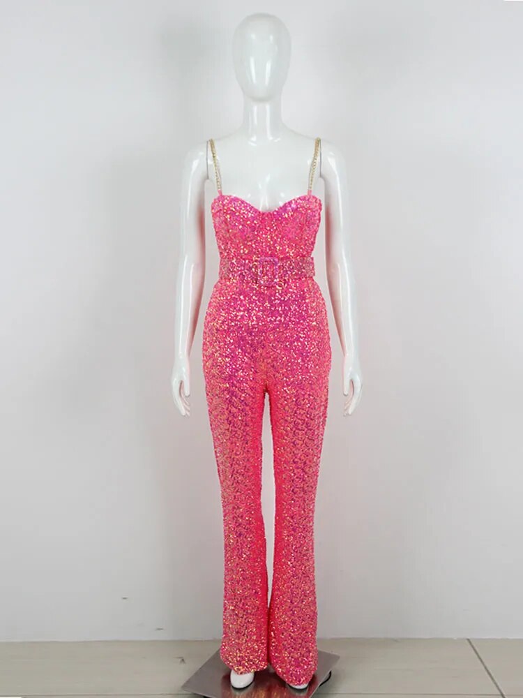 Shiny Sequin Spaghetti Strap Chain Sleeveless Tight Flare Jumpsuit