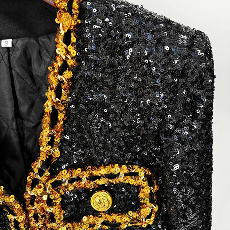 Gold Chains Button Patchwork Sequined Short Jacket