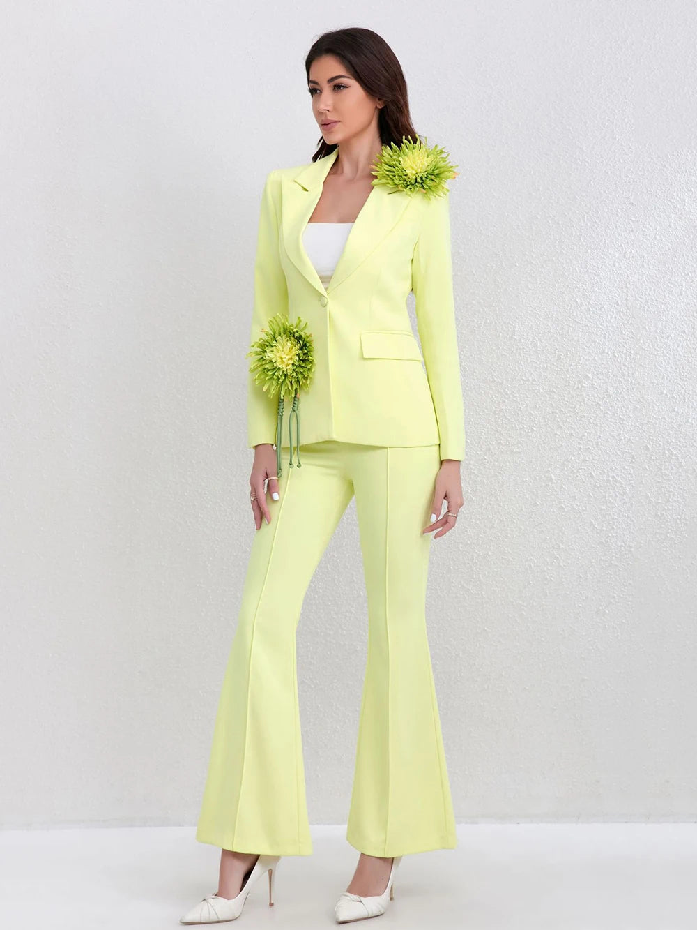 3D Flowers Single Button Blazer High Waist Flare Trouser Set