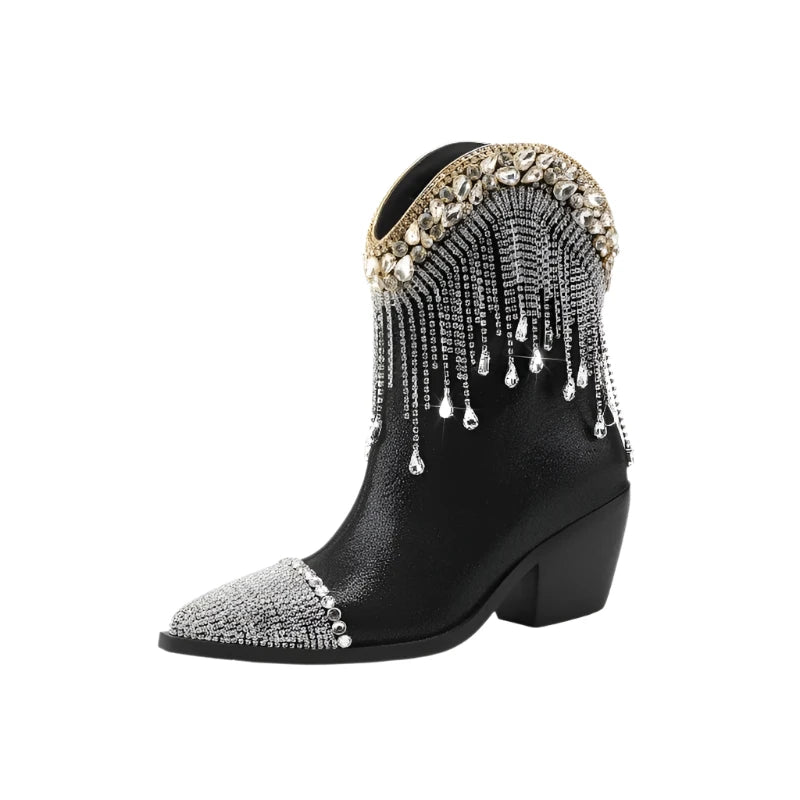 Rhinestone Diamond Tassel Pointed Toe Square Heel Ankle Boots