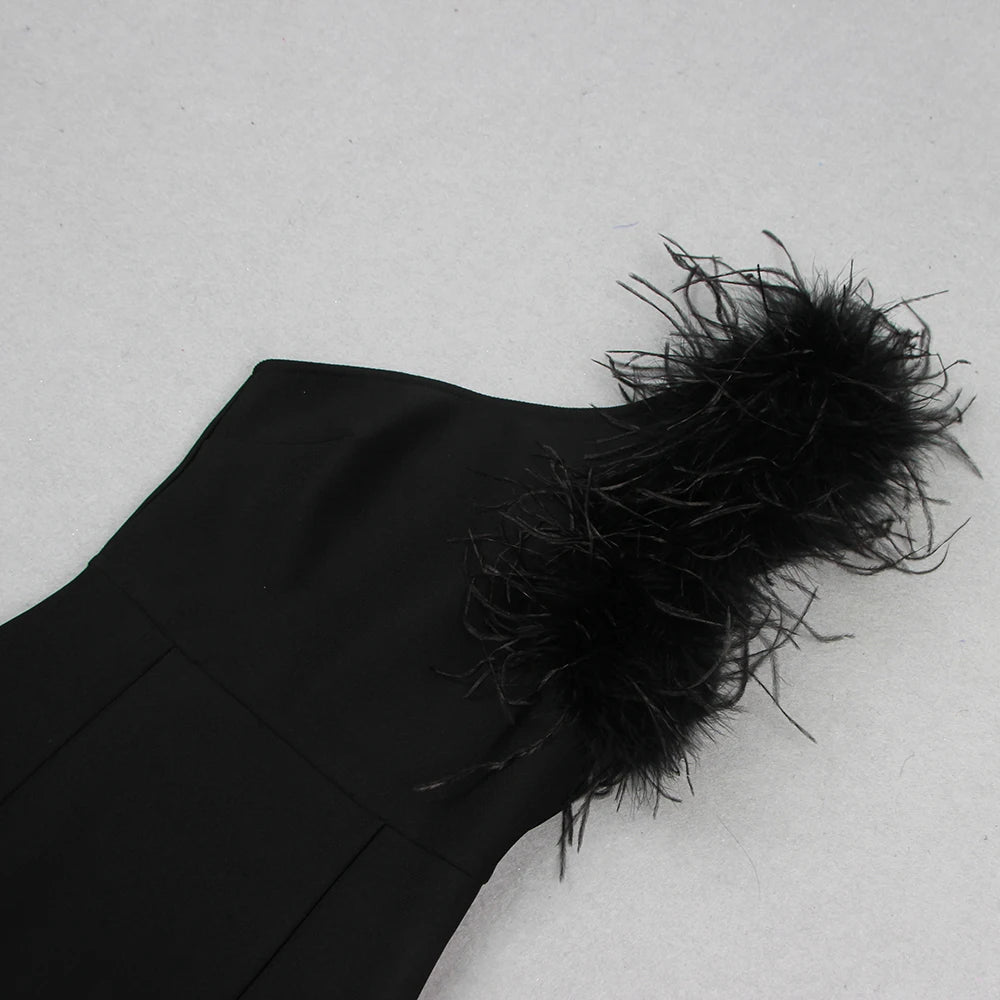 One Shoulder Sleeveless Luxury Feather Maxi Bandage Dress