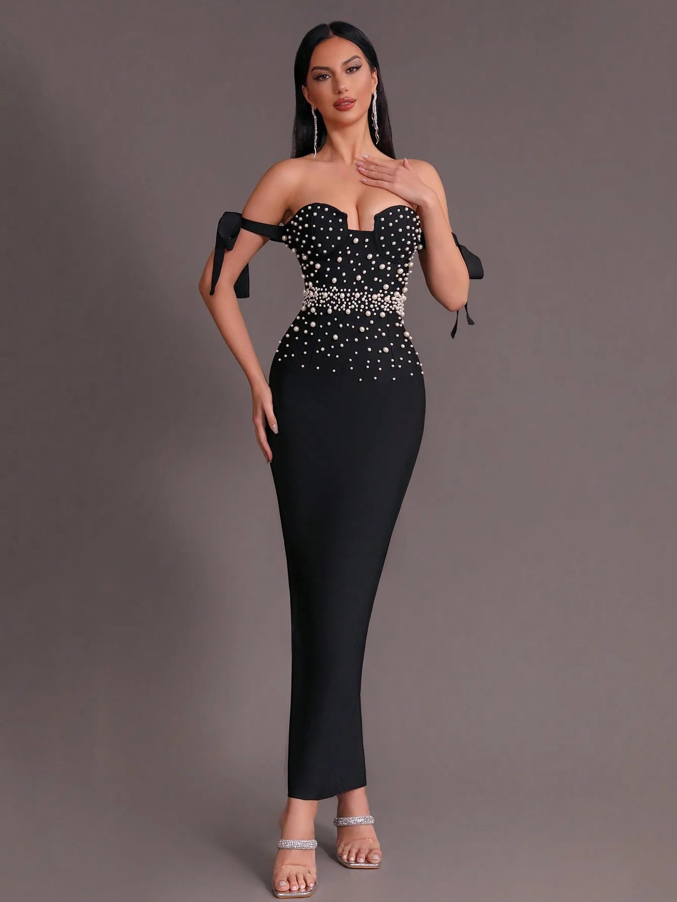 Off Shoulder Luxury Pearl Patchwork Tight Long Bandage Maxi Dress